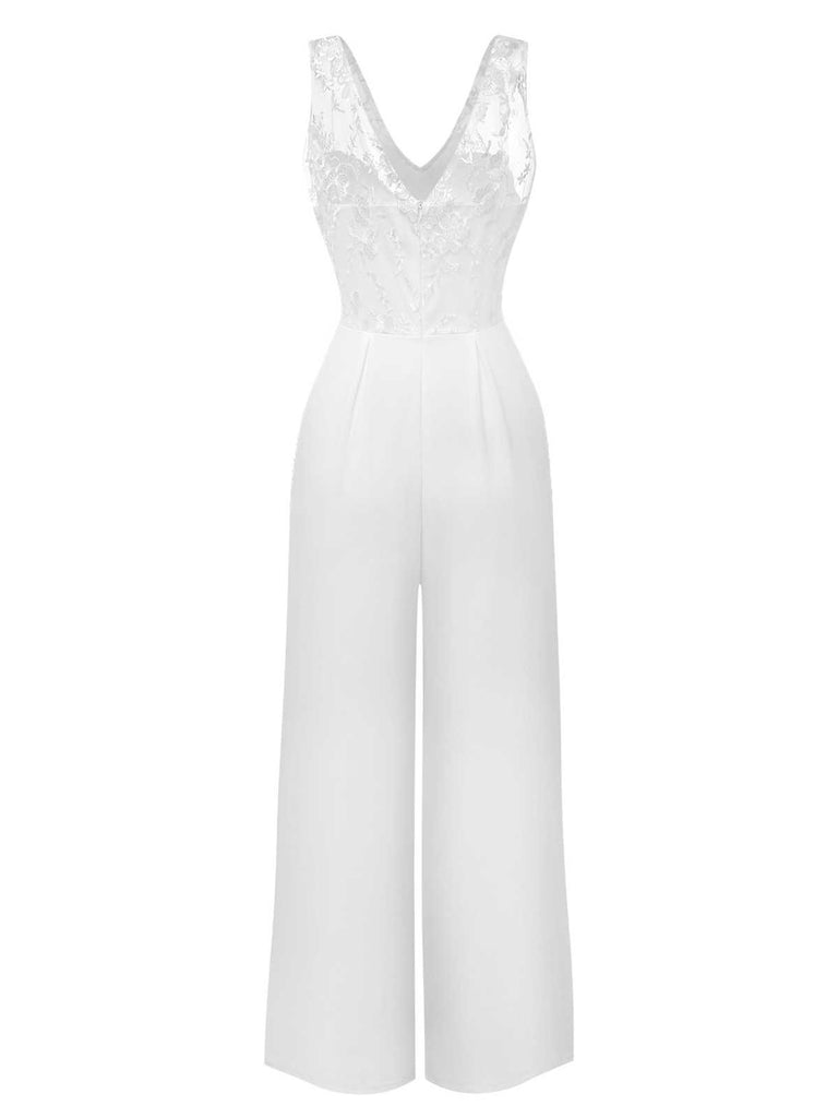 White 1970s Mesh Floral Embroidered Jumpsuit