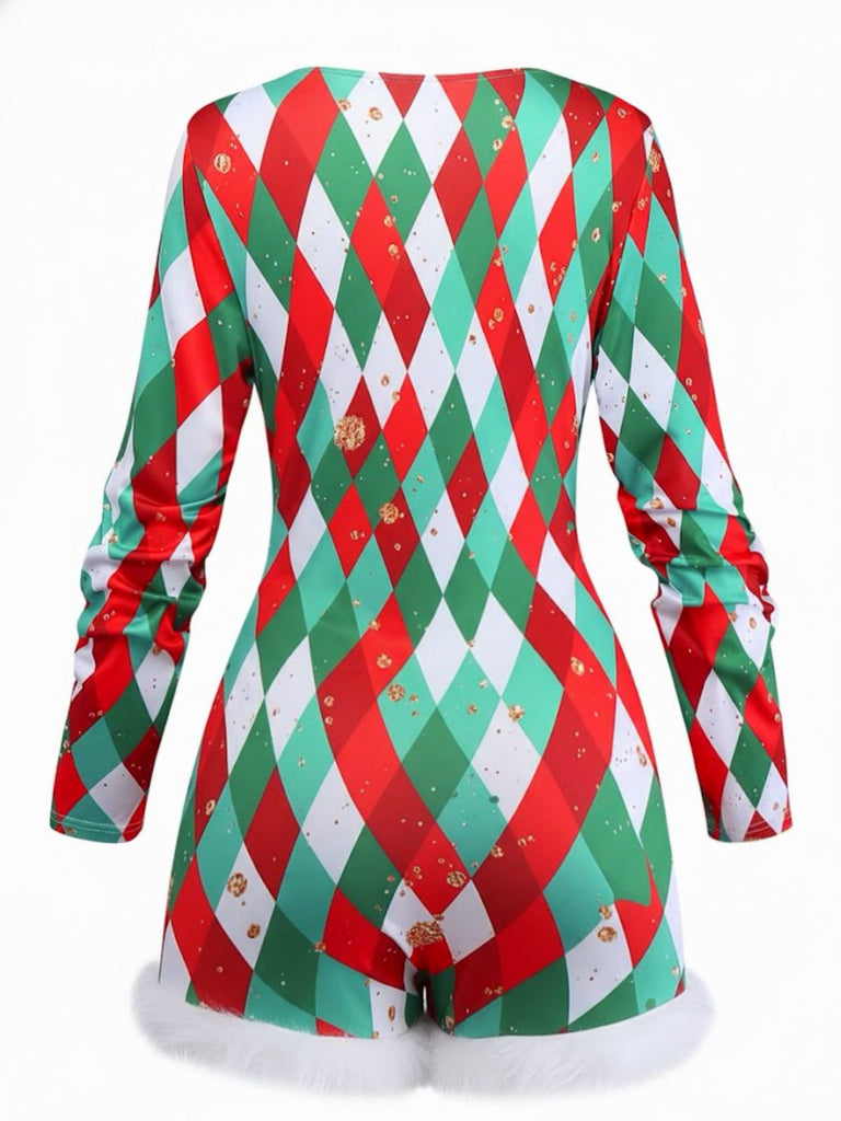 1970s Diamond Grid Christmas Raw Hem Romper