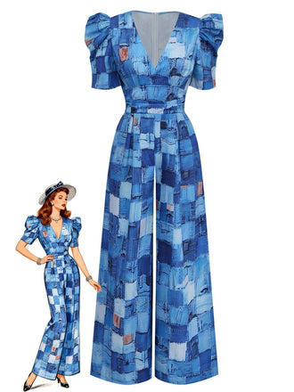Blue 1940s Patchwork Puff-Sleeve V-Neck Jumpsuit