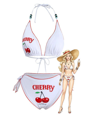 White 1970s Cherry Print Tie-Halter Bikini Set
