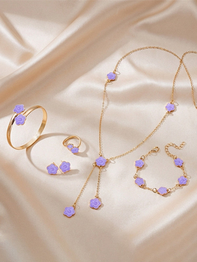 5PCS Five-Petal Flower Jewelry Set - vintage fashion, retro style