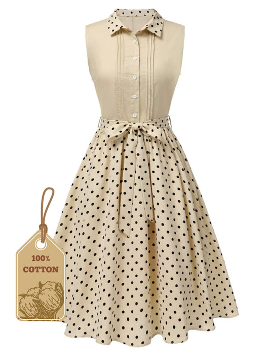 Beige 1940s Cotton Polka Dot Lapel Dress