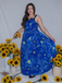 Blue 1940s Square Neck Starry Night Bow Swing Dress