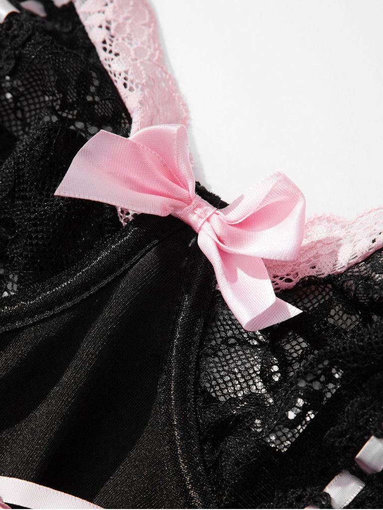 1970s Contrasted Lace Mesh Bow Lace-Up Lingerie Set