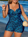 [Plus Size] Deep Blue 1980s Botanical Print One-Piece Swimsuit