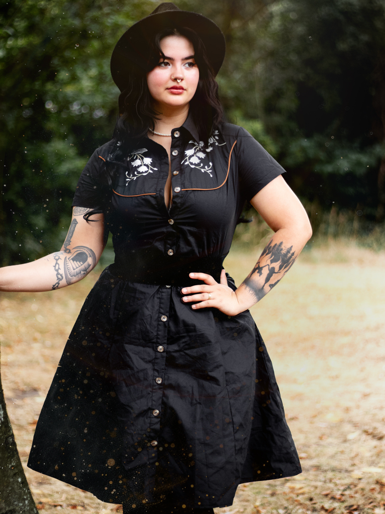 Black 1950s Cotton Floral Embroidered Western Style Dress