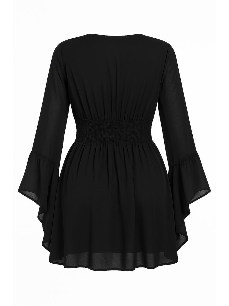 [Plus Size] Black 1980s Solid V-Neck Flare Dress