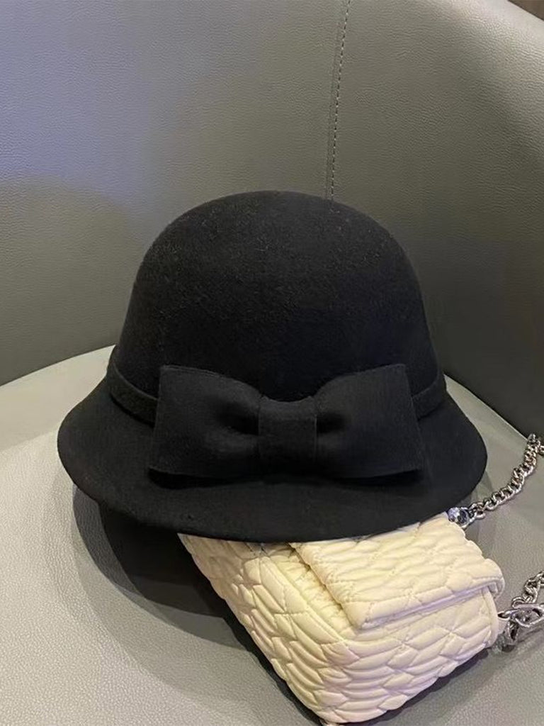 Vintage Solid Faux Wool Bowknot Cloche Hat