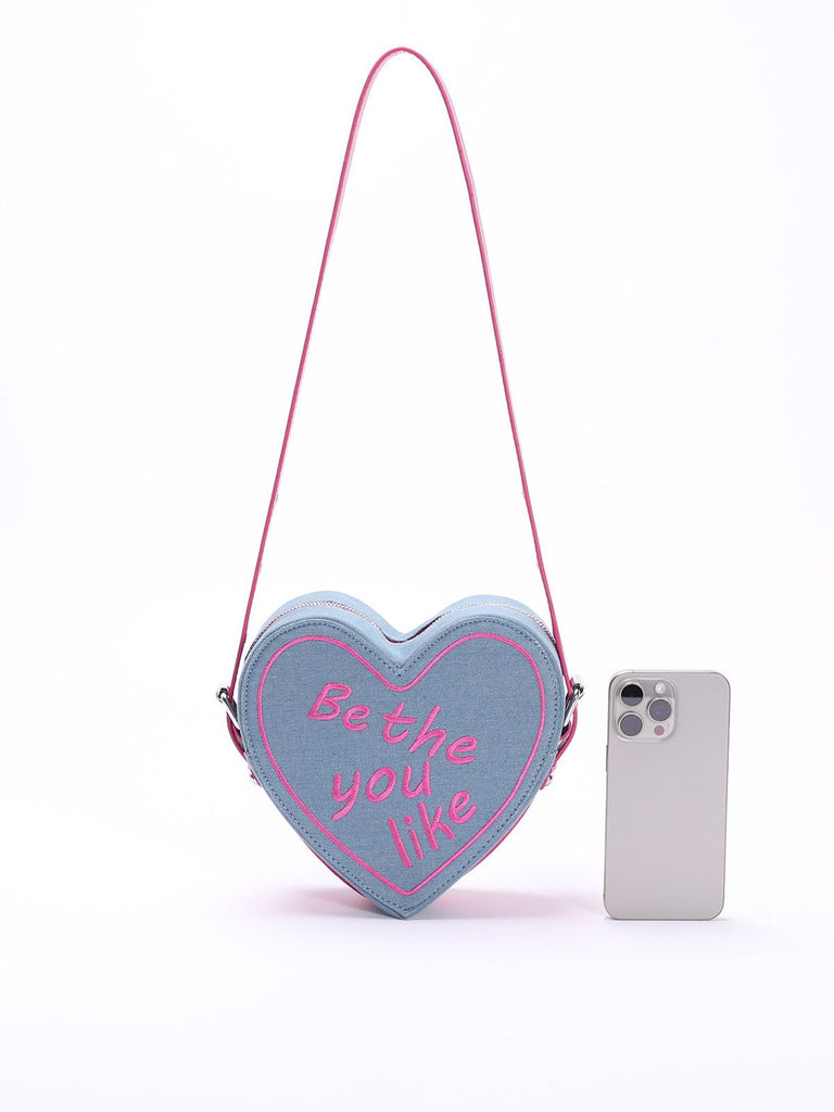 Vintage Denim Letter Embroidered Sling Heart Bag