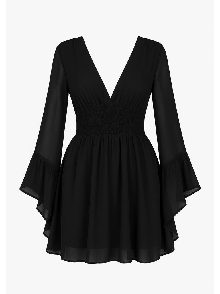 [Plus Size] Black 1980s Solid V-Neck Flare Dress
