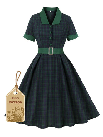 Green 1950s Blackwatch Tartan Lapel Dress