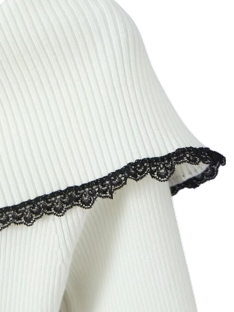 White 1970s Off-Shoulder Lace Knitted Dress