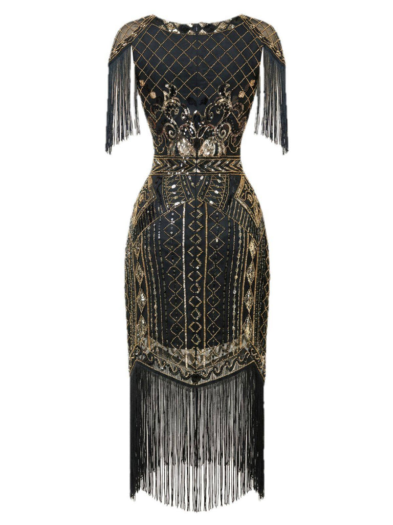 1920s Sequin Fringe Flapper V-Neck Dress