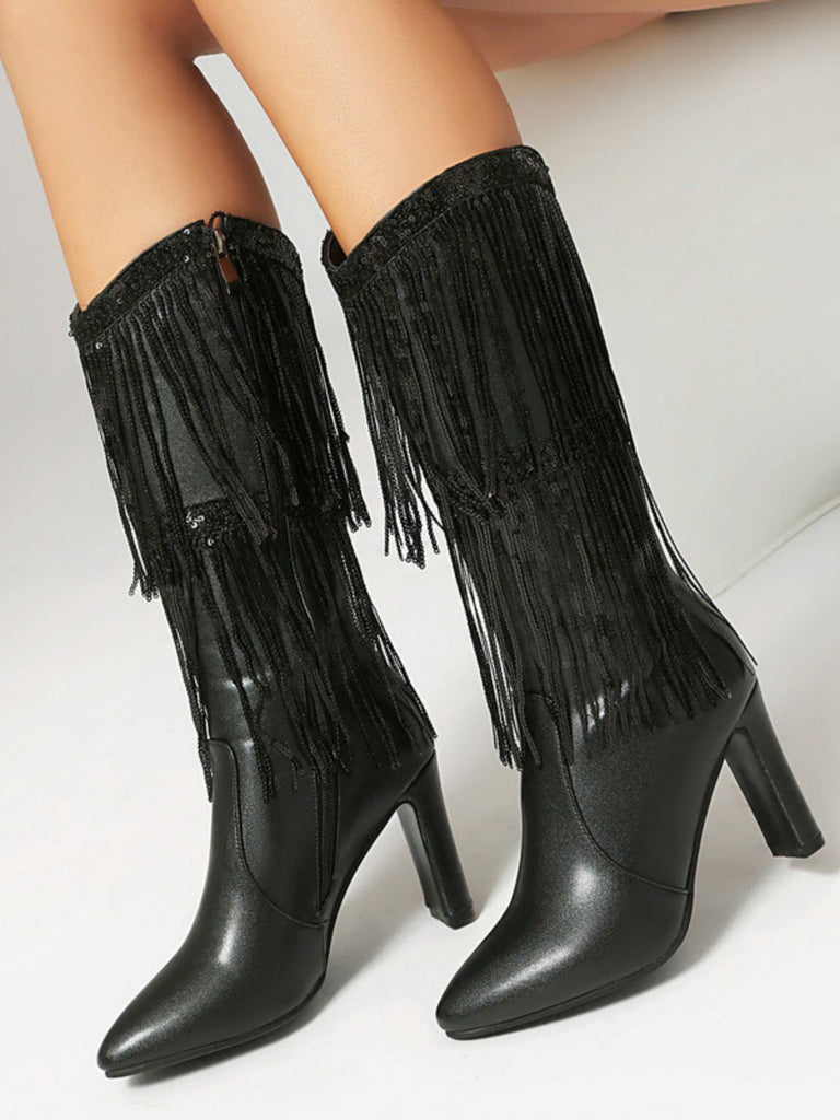 Metallic Pointed-Toe Fringed Disco Ankle Boots