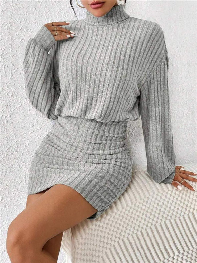 Gray 1960s Ribbed Turtleneck Sweater Bodycon Dress