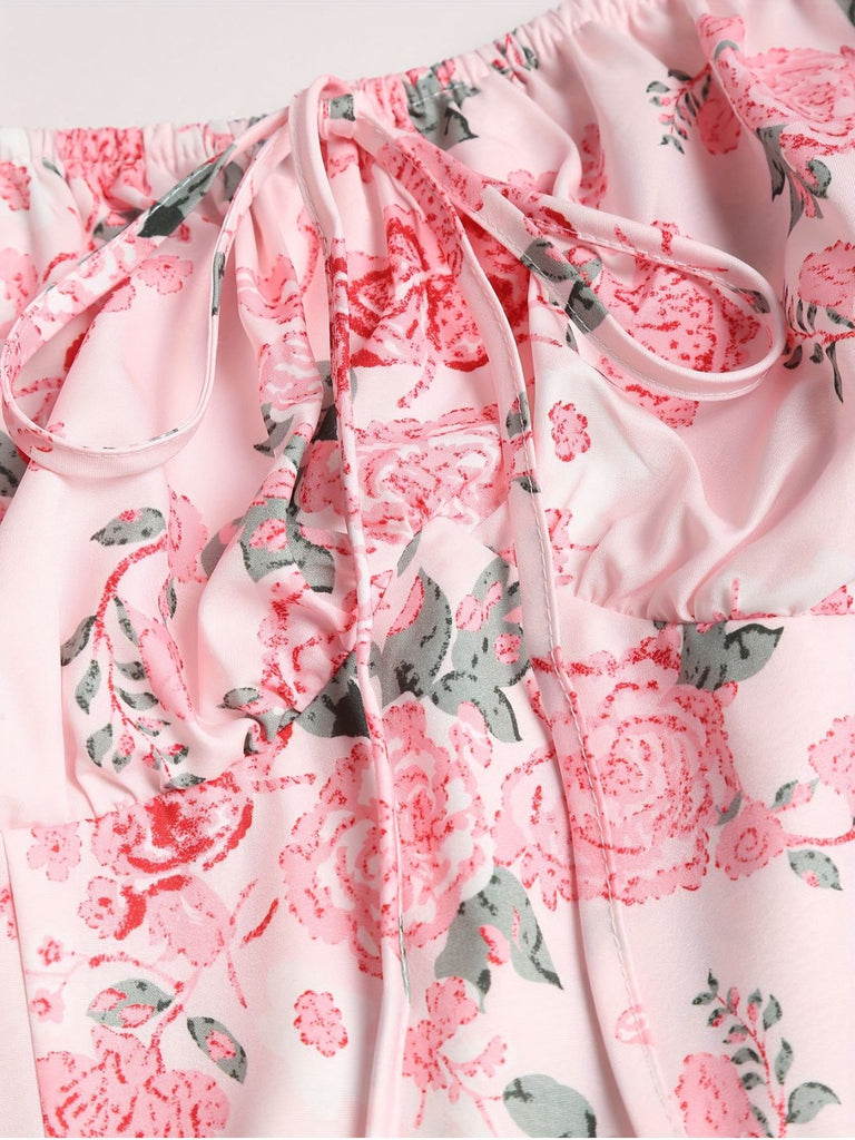 [Plus Size] Pink 1950s Square Neck Floral Dress