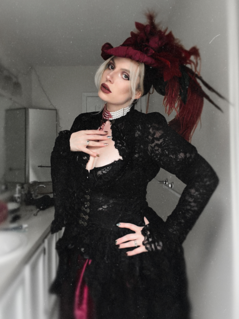 Black 1980s Gigot Sleeve Victorian Lace Dress