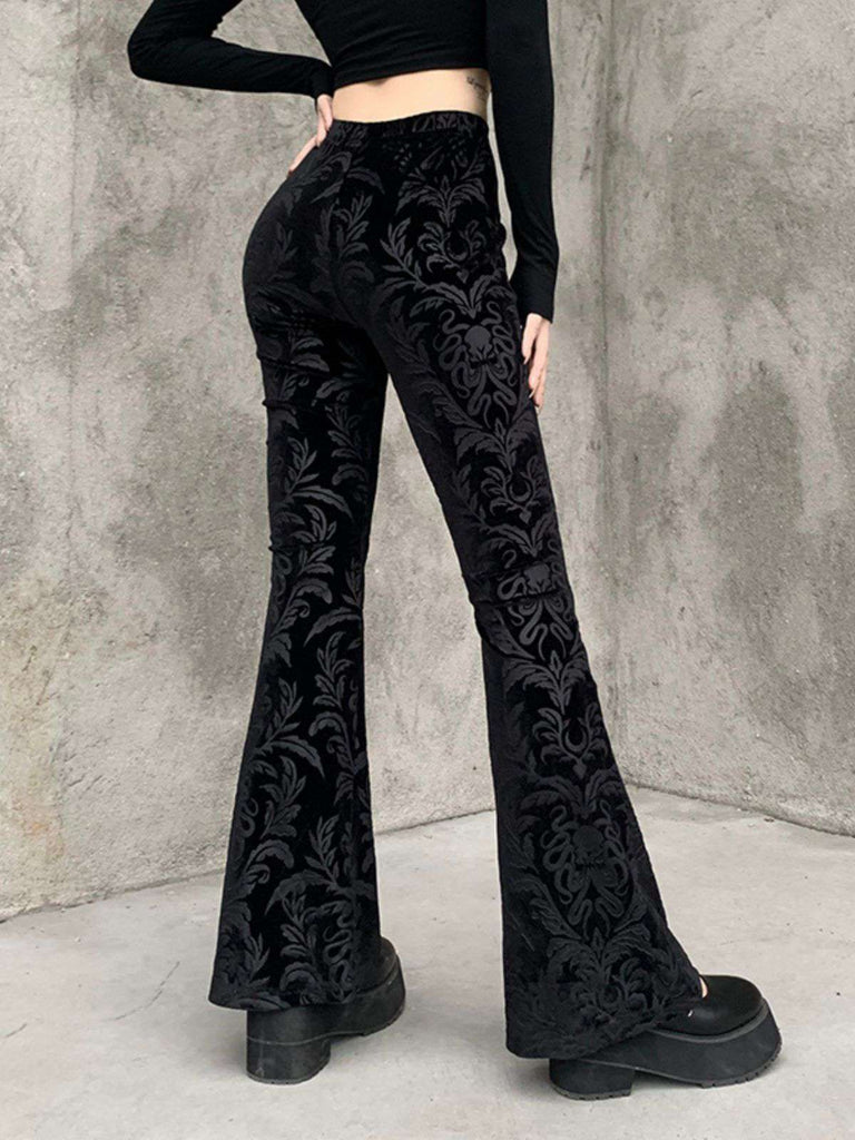 Black 1980s Punk Vine Print Velvet Bootcut Pants