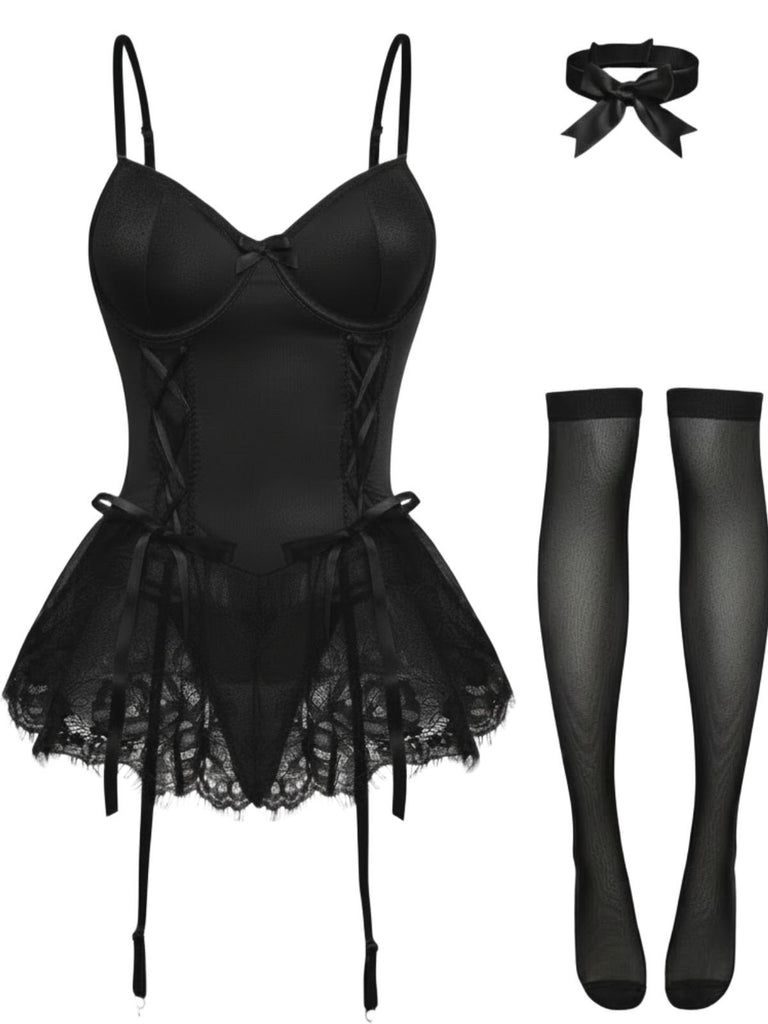 1960s Lace Trimmed Corset Bodysuit Set