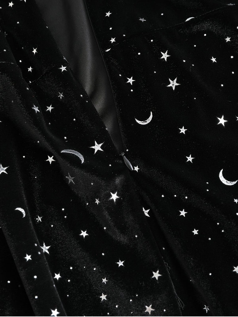 [Plus Size] Black 1960s Star V-Neck Velvet Dress