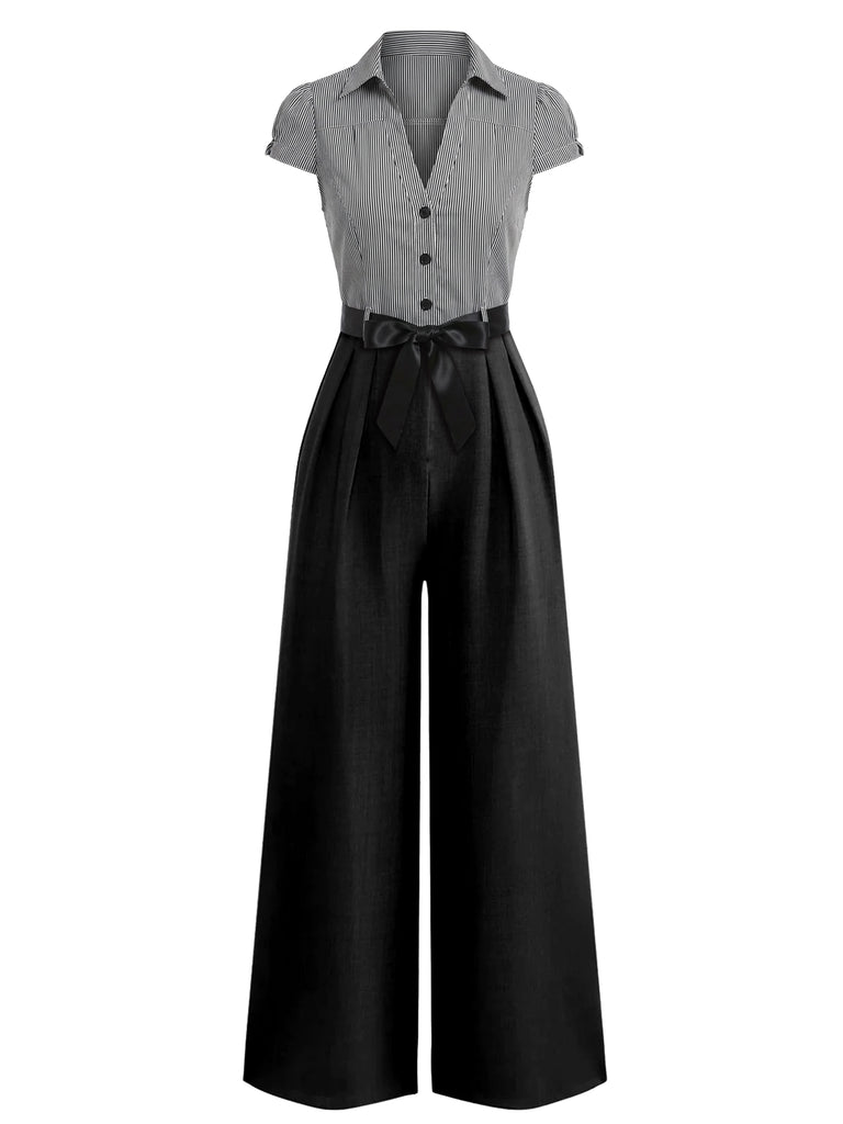 [Pre-Sale] Black 1950s Striped Lace-up Jumpsuit
