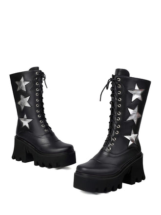 Vintage Steampunk Star Print Platform Mid-Calf Boots
