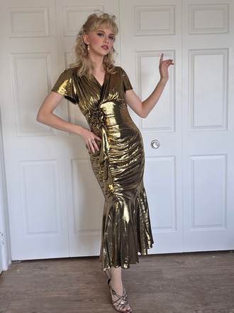 1930s Metallic Textured Floral Cinched Waist Fishtail Dress