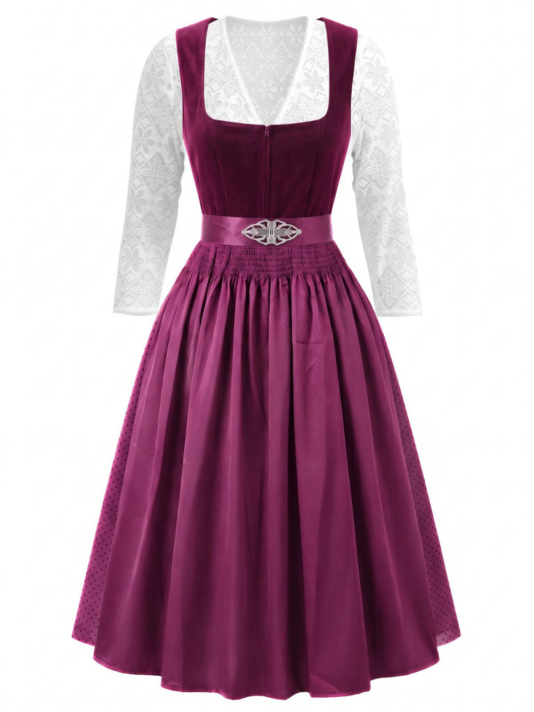 Plum 1950s Square Neck Velvet Polka Dot Dress & Apron & Lace Top