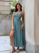 Green 1970s Boho Style Spaghetti Strap Maxi Dress