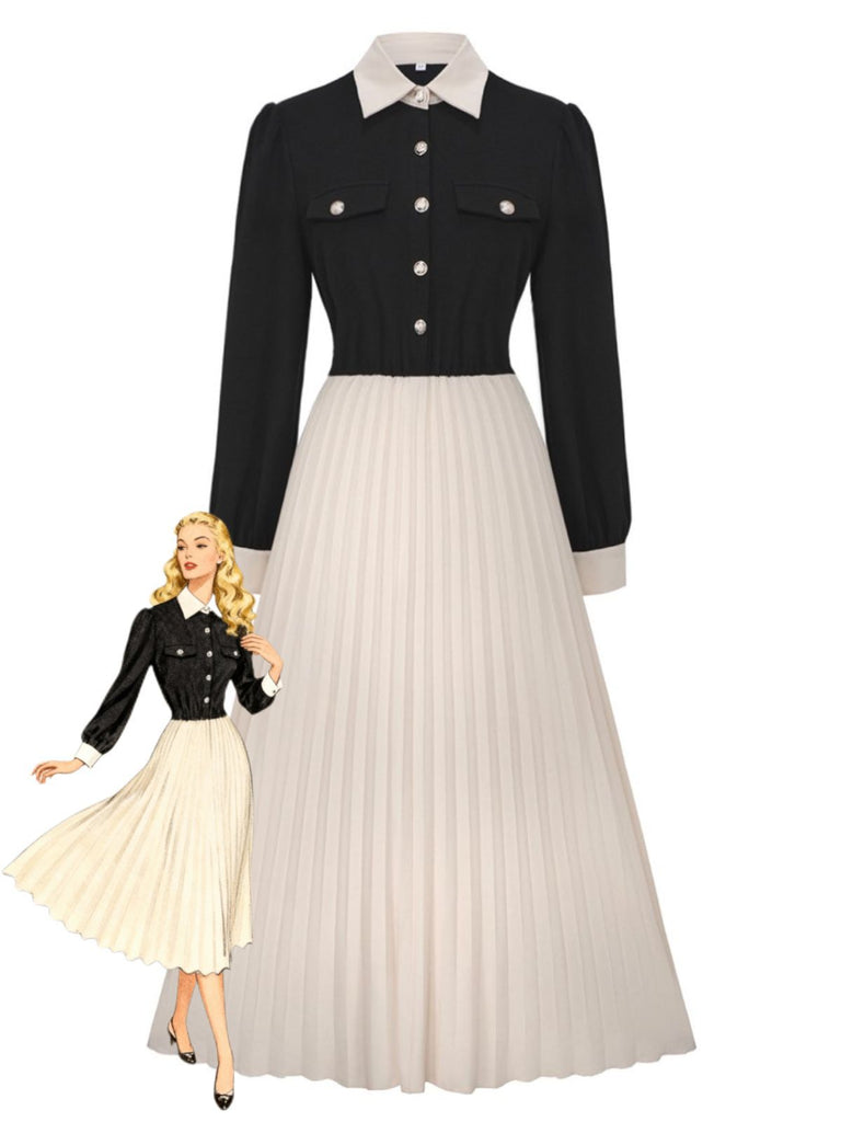 1940s Lapel Color-Block Pleated Swing Dress