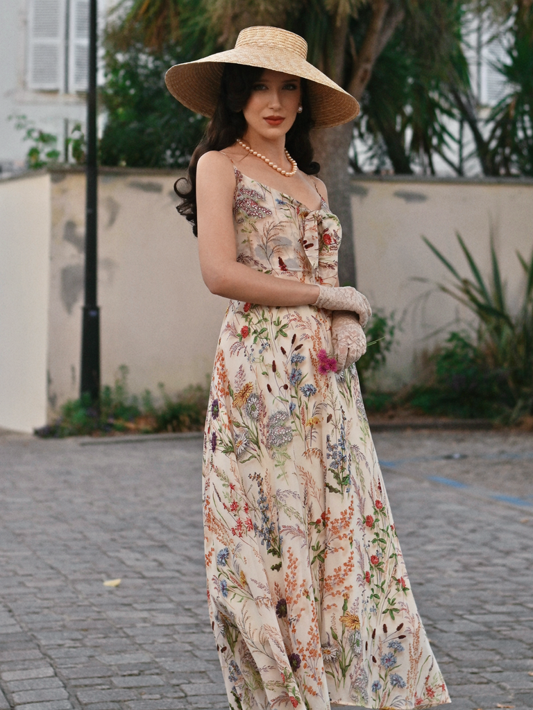 Multicolor 1930s Floral V-Neck Bohemian Slip Dress