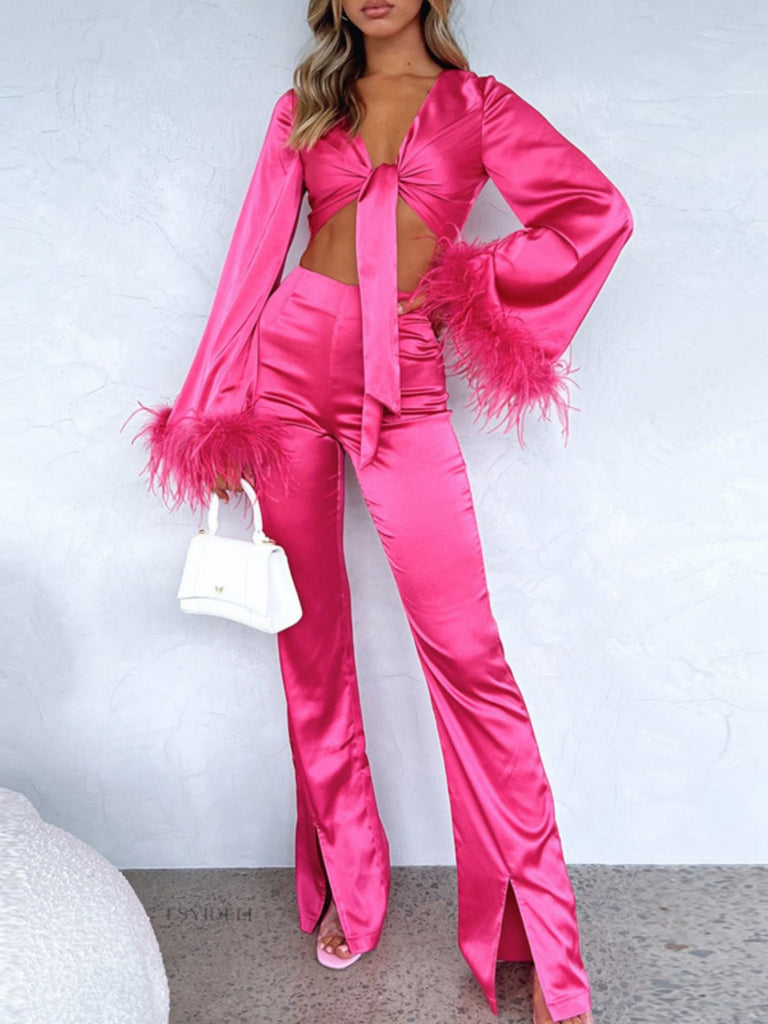 2PCS 1970s Feather Cuff Tie-Up Crop Top & Slit Pants