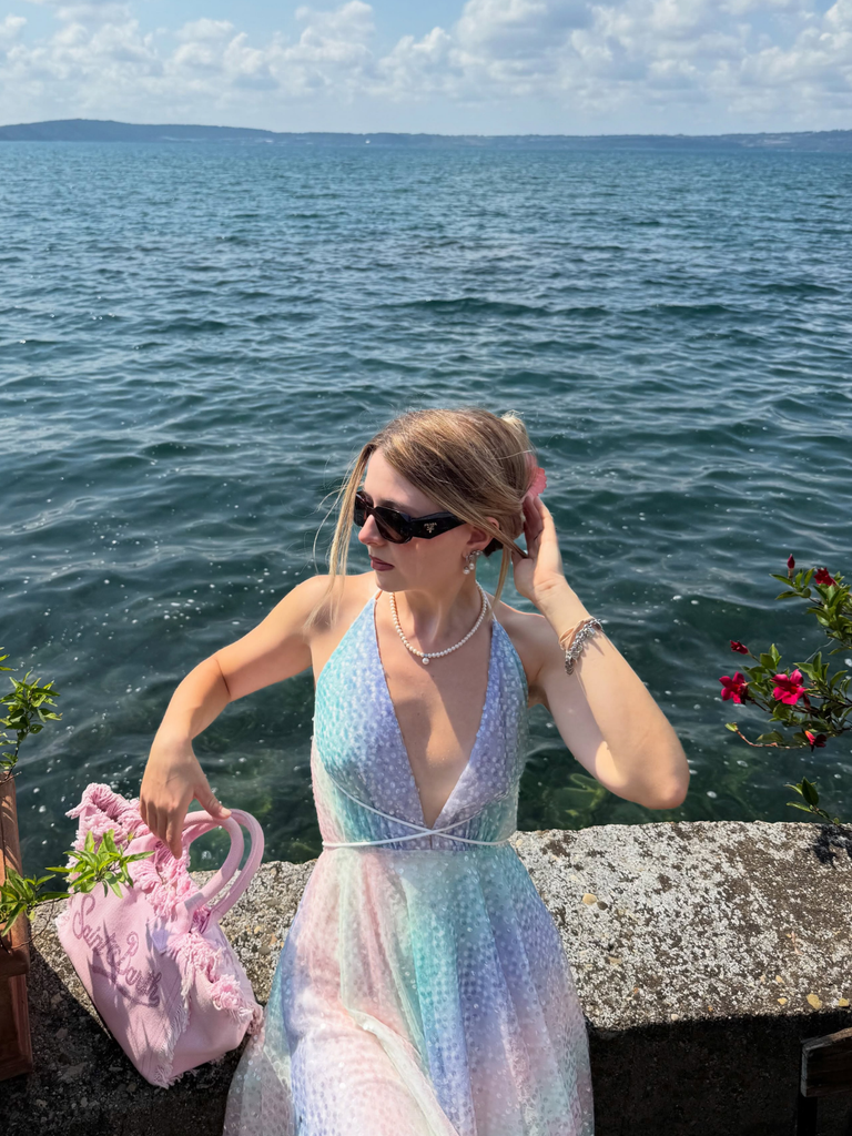 Y2K Rainbow Sequins Deep V-Neck Backless Dress