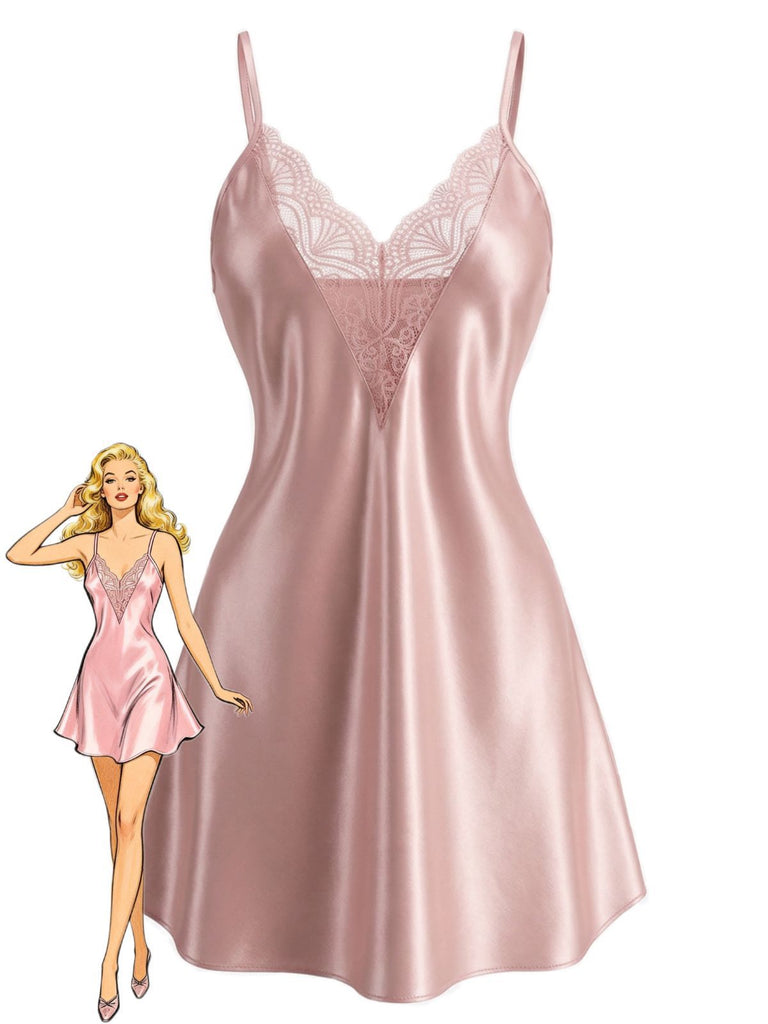 1960s Lace V-Neck Solid  Spaghetti Strap Nightgown