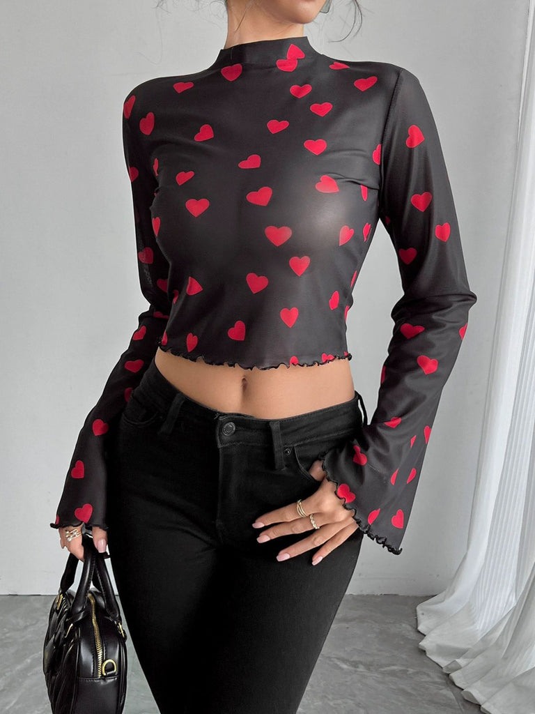 1970s Heart Mesh Flared Sleeve Cropped Top