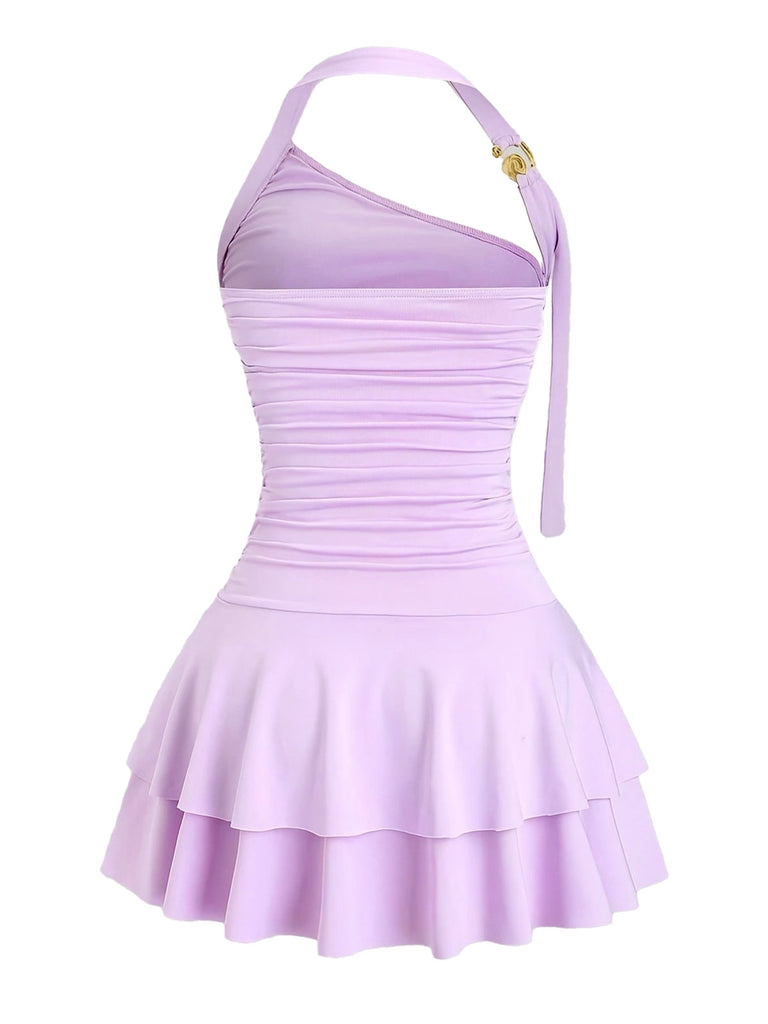 Purple 1960s Backless Ruffle Metal Detail Cake Dress