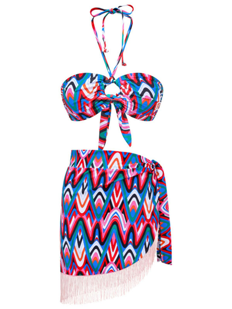 3PCS 1970s Fringe Print Lace-up Halter Bikini Set & Cover Up