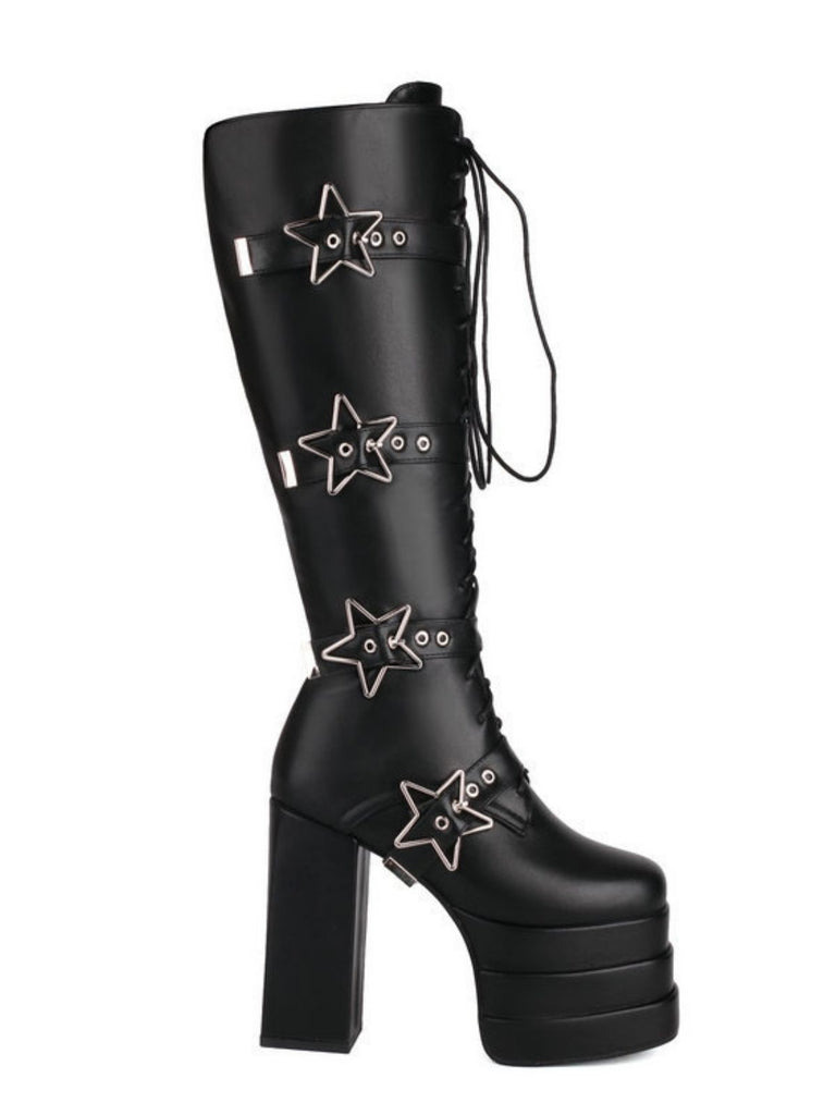 Black Star Button Gothic Platform High Heels Boots