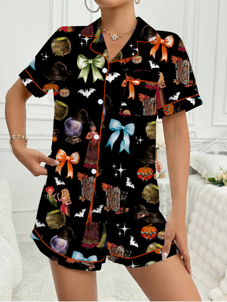 1970s Halloween Witch Print Satin Pajama Set