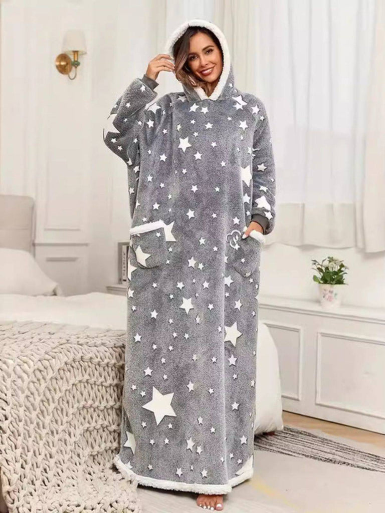 Gray 1970s Glow-In-Dark Star-Print Hooded Fleece Robe