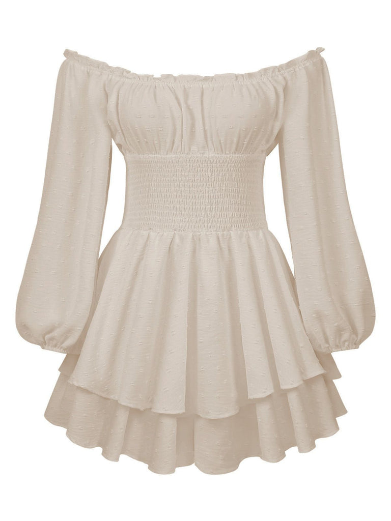 1950s Solid Off-Shoulder Long-Sleeve Smocked Mini Dress