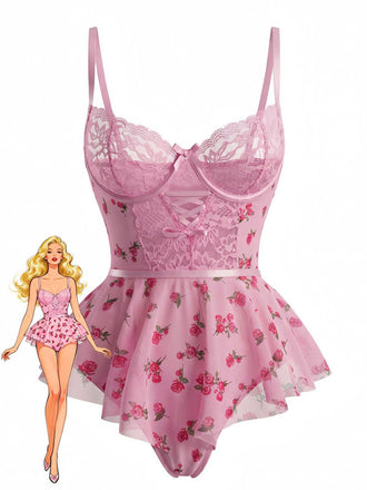 Pink 1930s Slip Roses Bow Lace Sleepwear