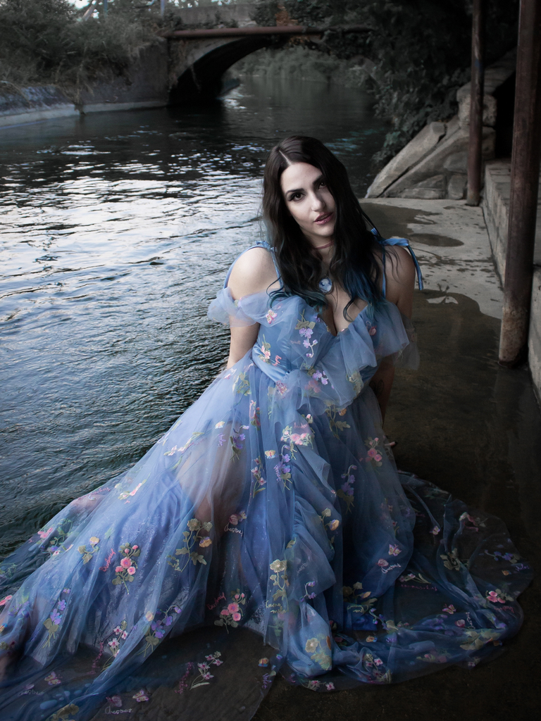 1970s Slip Floral Embroidered Mesh Slit Dress