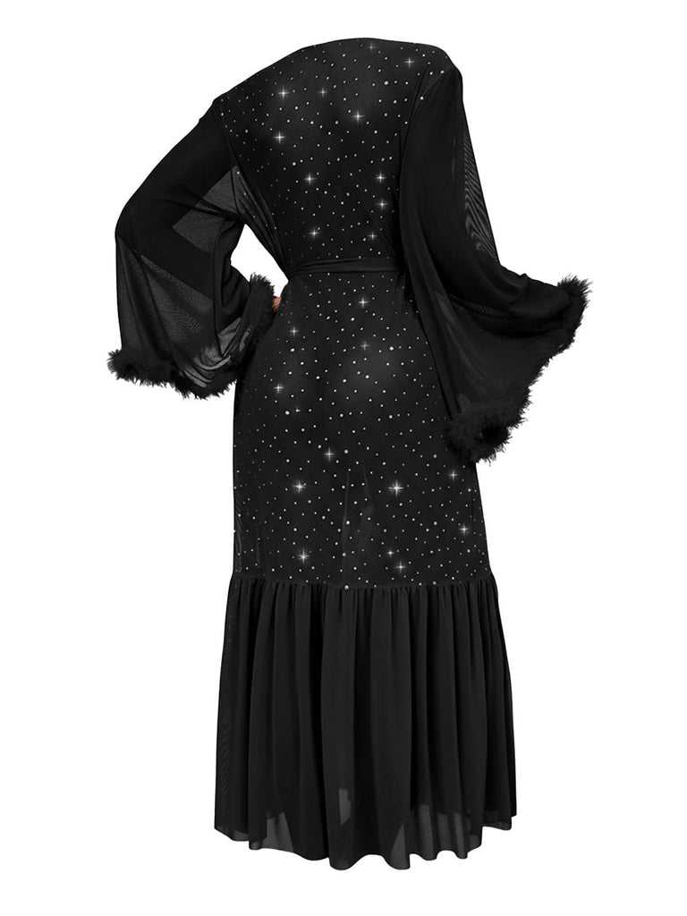Black 1970s Sheer Glitter Mesh Belted Robes