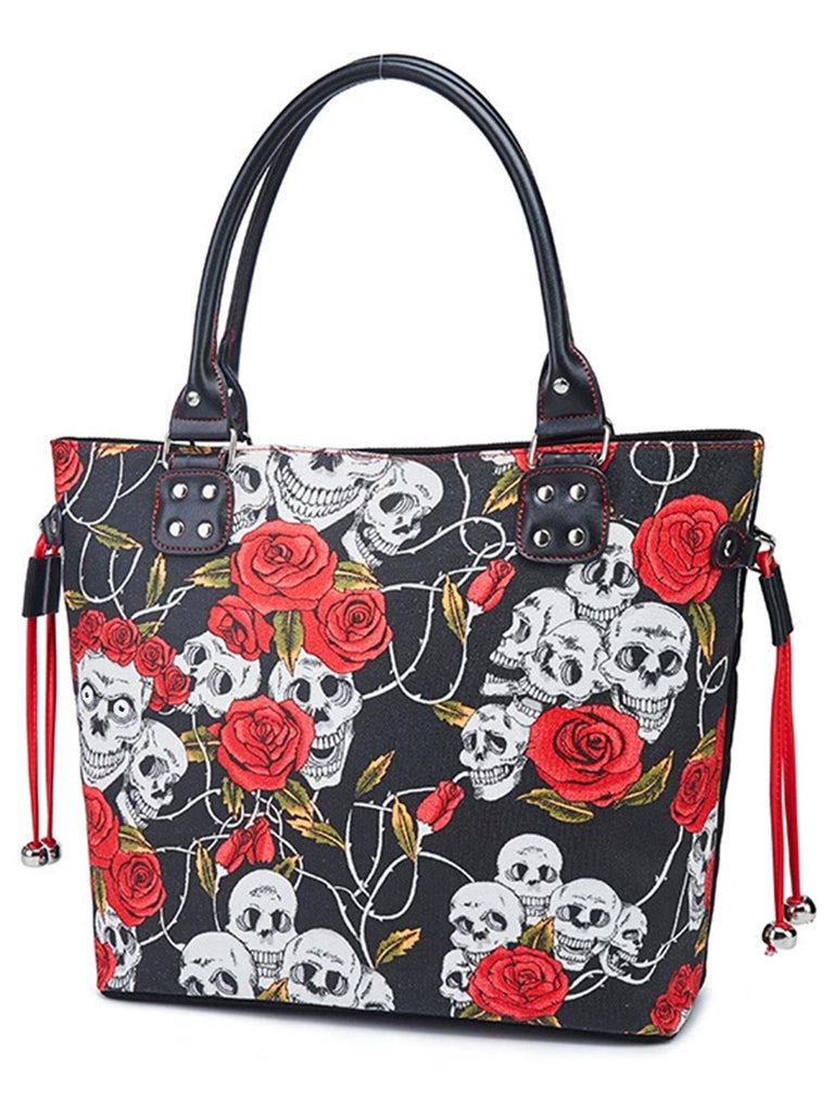 Vintage Punk Skull & Rose Print Handbag