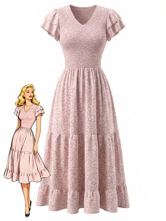 1970s V-Neck Ditsy Floral Smocked Boho Dress