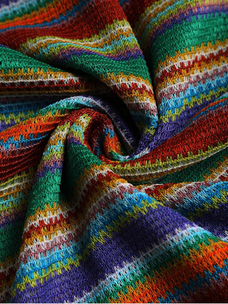 1970s Strap Colorful Stripes Lace-Up Boho Dress