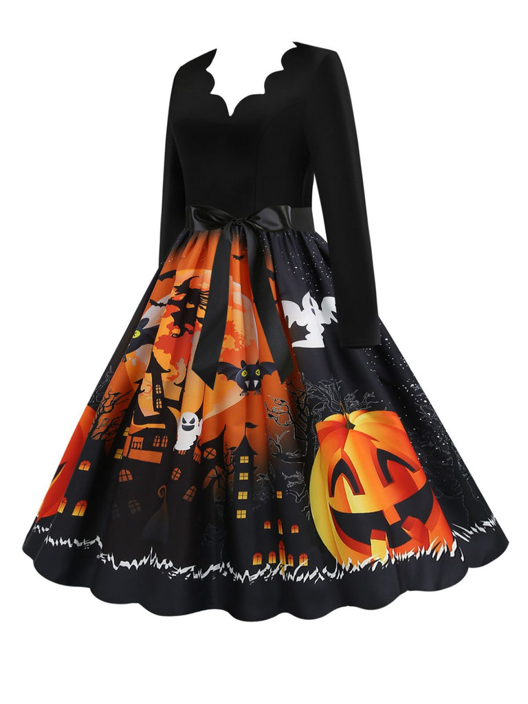 1950s Halloween Pumpkin V-Neck Hepburn Dress