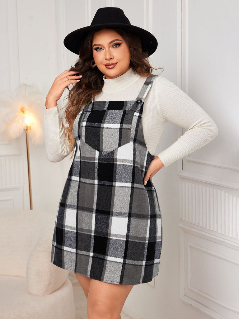 [Plus Size] 1940s Plaid Button-Strap Pinafore Dress