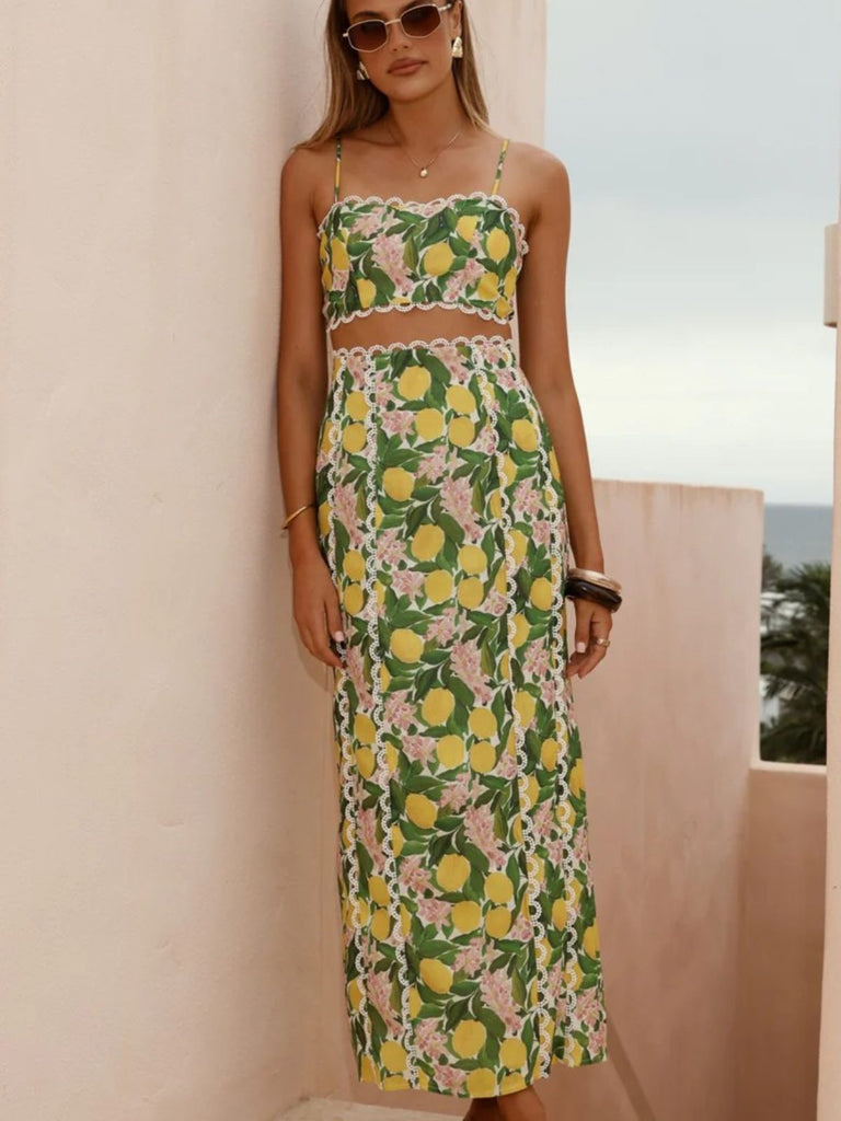 2PCS 1960s Lace Lemon Slip Top & Maxi Skirt